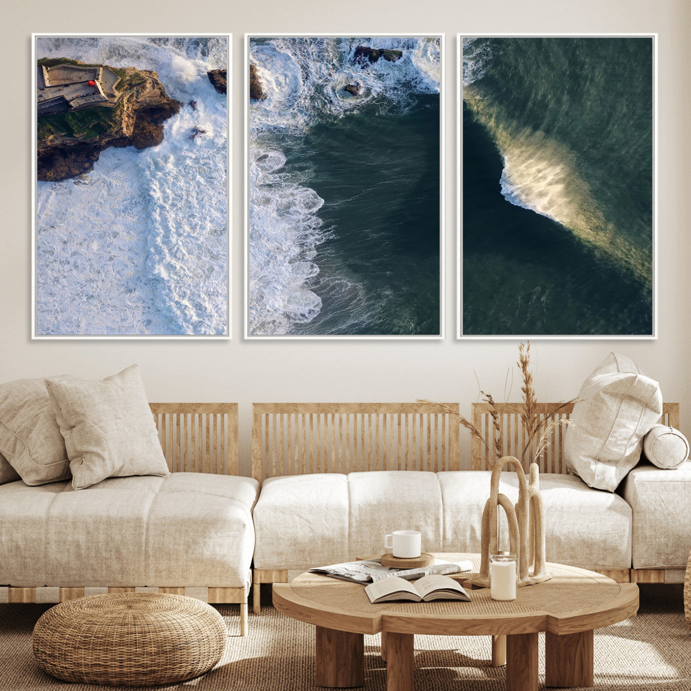 37405684-MGV-CV-36X24-Nazare Coast Wall Art Canvas Print, Framed Aerial Ocean Art Picture Print, Coastal Fortress Perfect Dramatic Coastal Decor Artwork