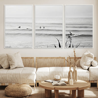 33821421-MGV-CV-36X24-Surfer Silhouette Wall Art Canvas Print, Framed Calm Ocean Art Picture Print, Monochrome Surf Perfect Minimalist Coastal Decor