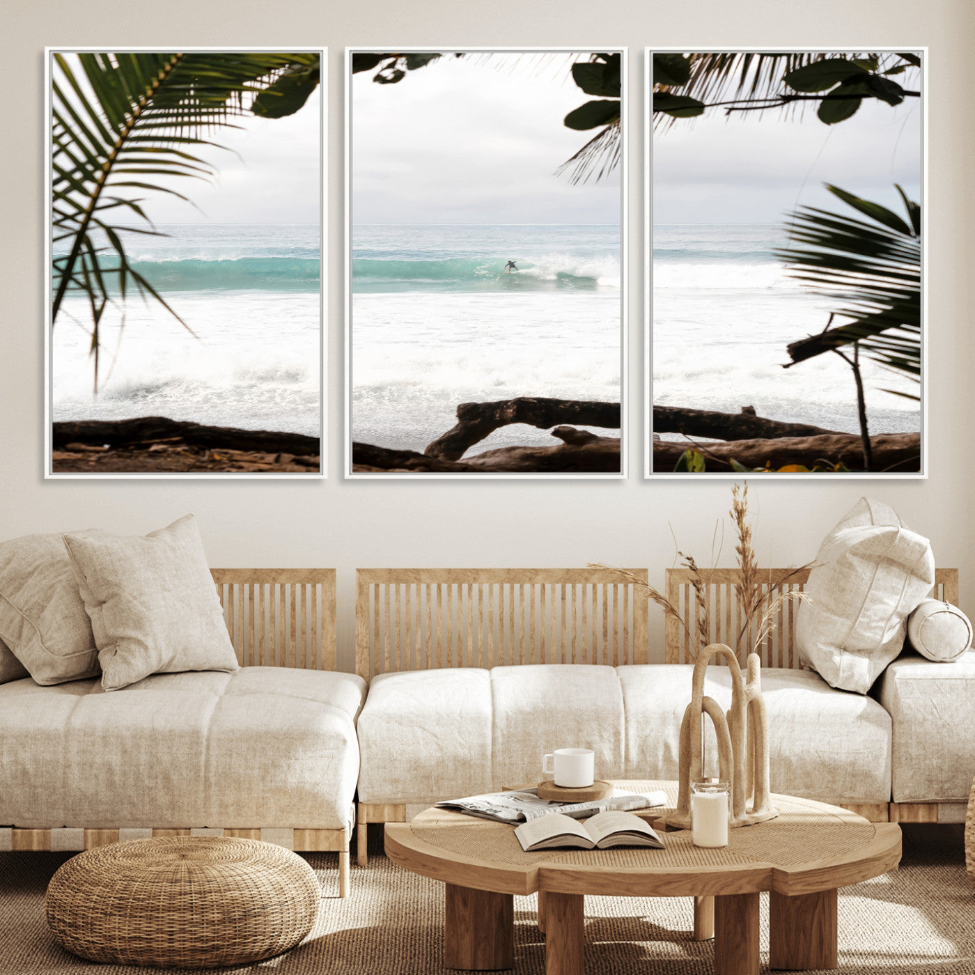 50382104-MGV-FC-60X30-3P_White-Tropical Surf Wall Art Canvas Print, Framed Palm Tree View Art Picture Print, Beach House Art Perfect Boho Coastal Decor Artwork