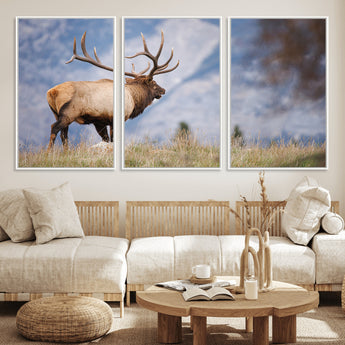 26365841-MGV-FC-60X30-3P_White-Mountain Elk Art Wall Art Canvas Print, Framed Rustic Wildlife Print Art Picture Print, Lodge Style Decor Perfect Rustic Lodge