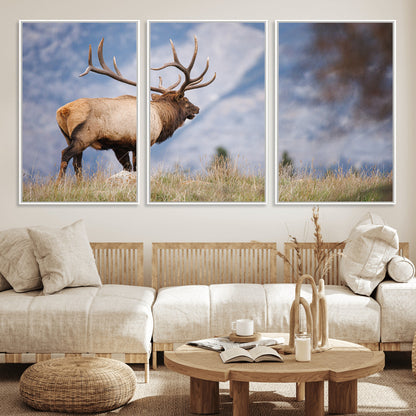26365841-MGV-FC-60X30-3P_White-Mountain Elk Art Wall Art Canvas Print, Framed Rustic Wildlife Print Art Picture Print, Lodge Style Decor Perfect Rustic Lodge
