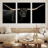 99448328-MGV-FC-60X30-3P_White-Longhorn Cattle Wall Art Canvas Print, Framed Texas Ranch Art Picture Print, Western Cow Perfect Farmhouse Decor Artwork