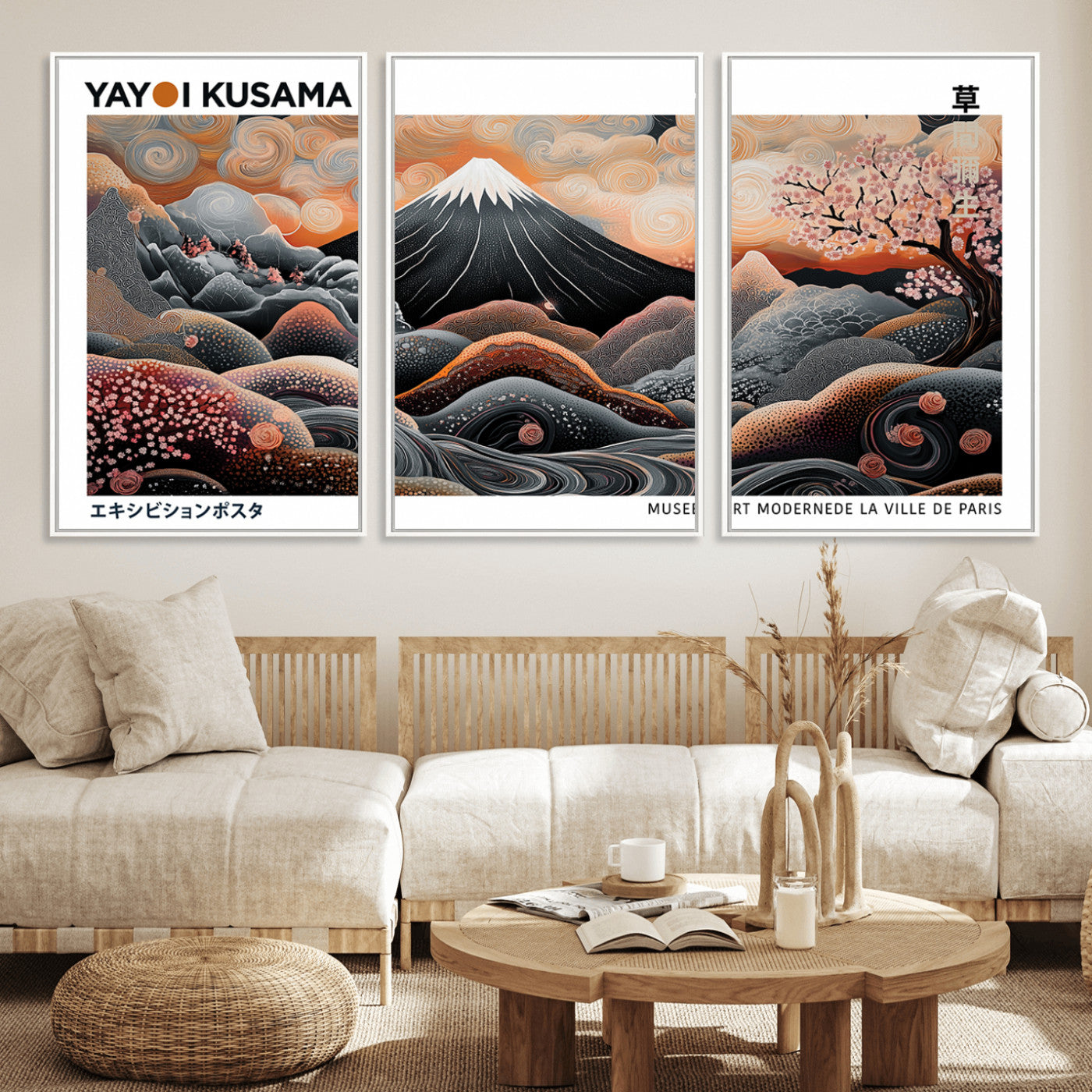 63125329-MGV-FC-60X30-3P_White-Japanese Mt Fuji Wall Art – Surreal Ukiyo e Style Cherry Blossom Poster, Swirling Cloud Landscape Print, Modern Oriental Asian