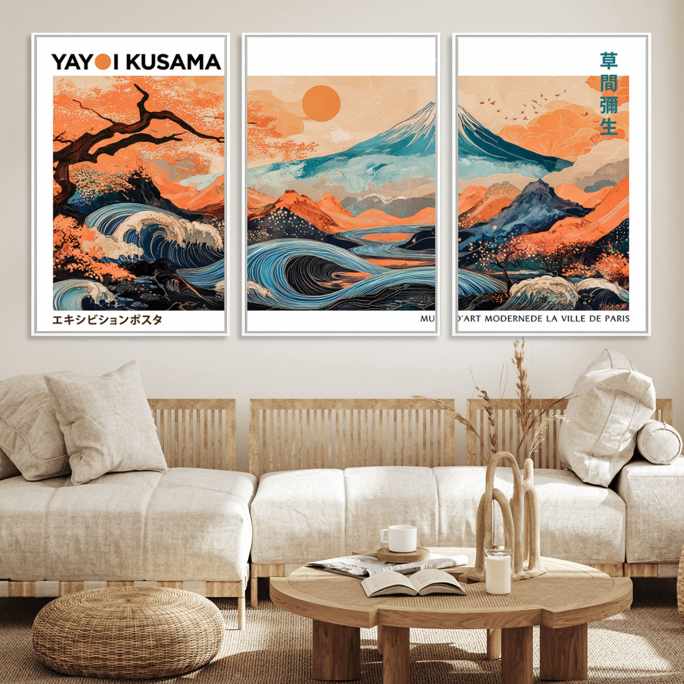 88785870-MGV-FC-60X30-3P_White-Japanese Great Wave & Mt Fuji Wall Art – Ukiyo e Style Landscape Print with Flowing River, Autumn Mountain Poster, Oriental Asian