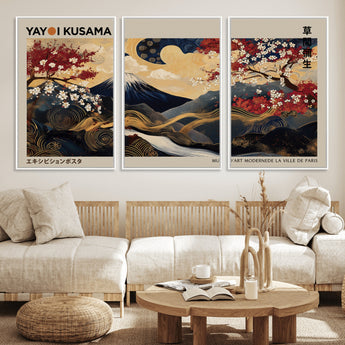 54967195-MGV-FC-60X30-3P_White-Mount Fuji Wall Art – Japanese Cherry Blossom Abstract Canvas Print, Navy Gold Landscape Painting, Oriental Luxury Home Decor