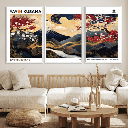 66243961-MGV-FC-60X30-3P_White-Mount Fuji Japanese Wall Art – Golden Abstract Landscape Canvas Print, Cherry Blossom Painting, Modern Oriental Zen Home Decor