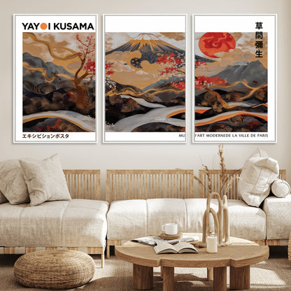 85375874-MGV-FC-60X30-3P_White-Mount Fuji Abstract Wall Art – Japanese Landscape Canvas Print, Cherry Blossom & Red Sun Painting, Elegant Modern Zen Asian Home