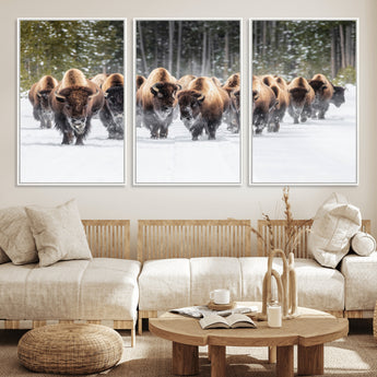 22695857-MGV-FC-60X30-3P_White-Bison Herd Scene Wall Art Canvas Print, Framed Western Wildlife Art Picture Print, Rustic Animal Art Perfect Rustic Lodge Decor