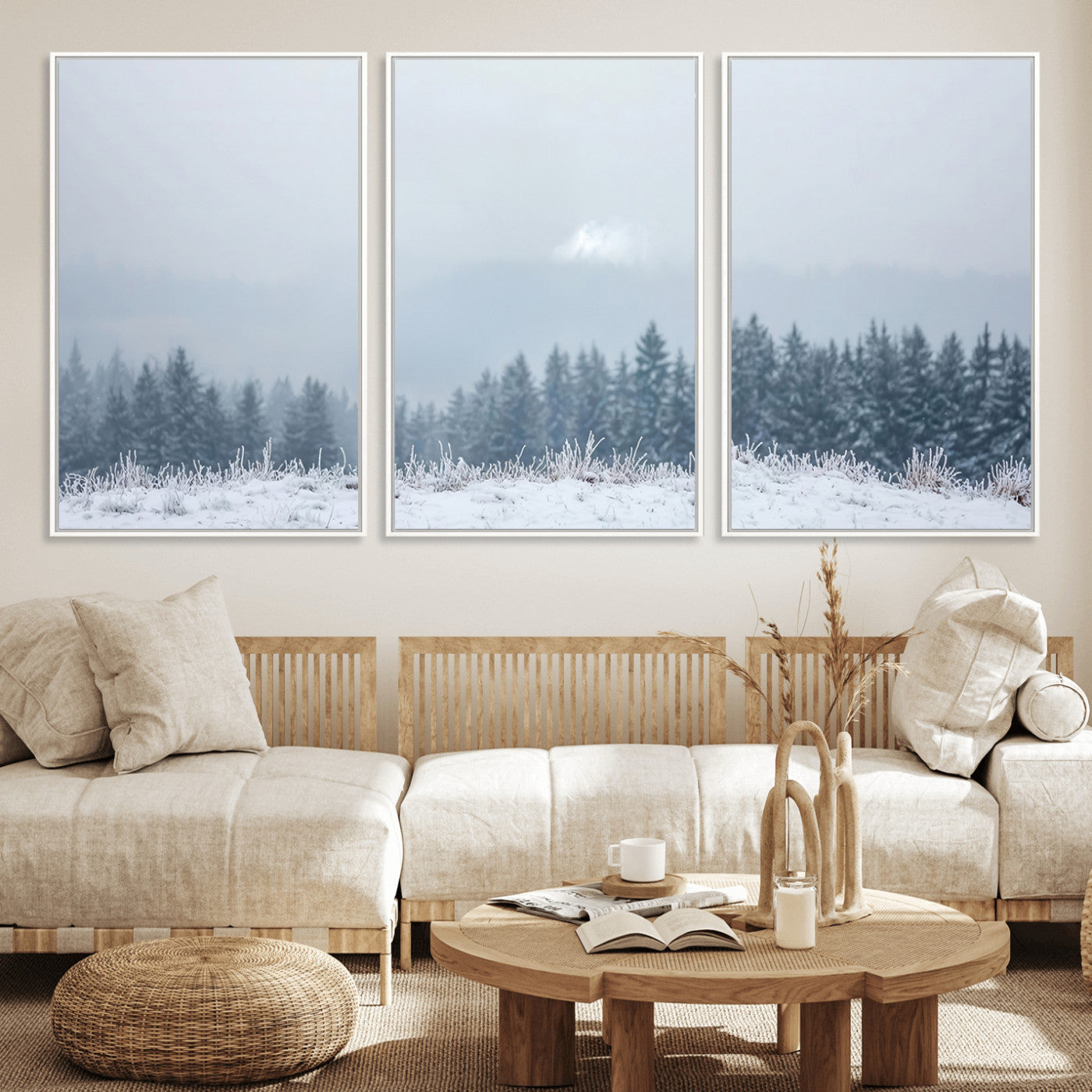 33033082-MGV-CV-36X24-Winter Forest Art Wall Art Canvas Print, Framed Snowy Landscape Art Picture Print, Misty Tree Scene Perfect Nordic Minimalist