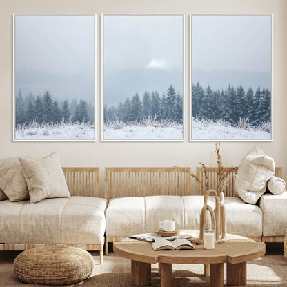 33033082-MGV-FC-60X30-3P_White-Winter Forest Art Wall Art Canvas Print, Framed Snowy Landscape Art Picture Print, Misty Tree Scene Perfect Nordic Minimalist