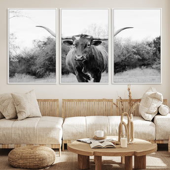 97280319-MGV-CV-36X24-Longhorn Photography Wall Art Canvas Print, Framed Western Cow Decor Art Picture Print, Texas Ranch Style Perfect Rustic Farmhouse