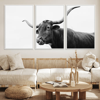99244177-MGV-FC-60X30-3P_White-Longhorn Photography Wall Art Canvas Print, Framed Western Cow Decor Art Picture Print, Black White Bull Perfect Modern Rustic