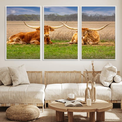 97244565-MGV-FC-60X30-3P_White-Longhorn Duo Wall Art Canvas Print, Framed Cozy Ranch Vibes Art Picture Print, Western Ranch Decor Perfect Rustic Farmhouse Decor
