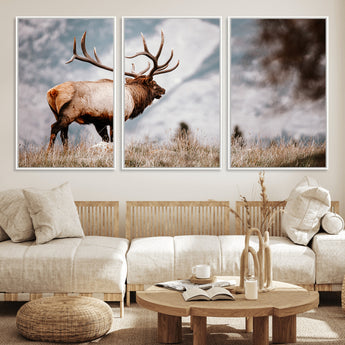 70489411-MGV-FC-60X30-3P_White-Elk Photography Wall Art Canvas Print, Framed Mountain Wildlife Art Picture Print, Rustic Nature Decor Perfect Rustic Lodge Decor