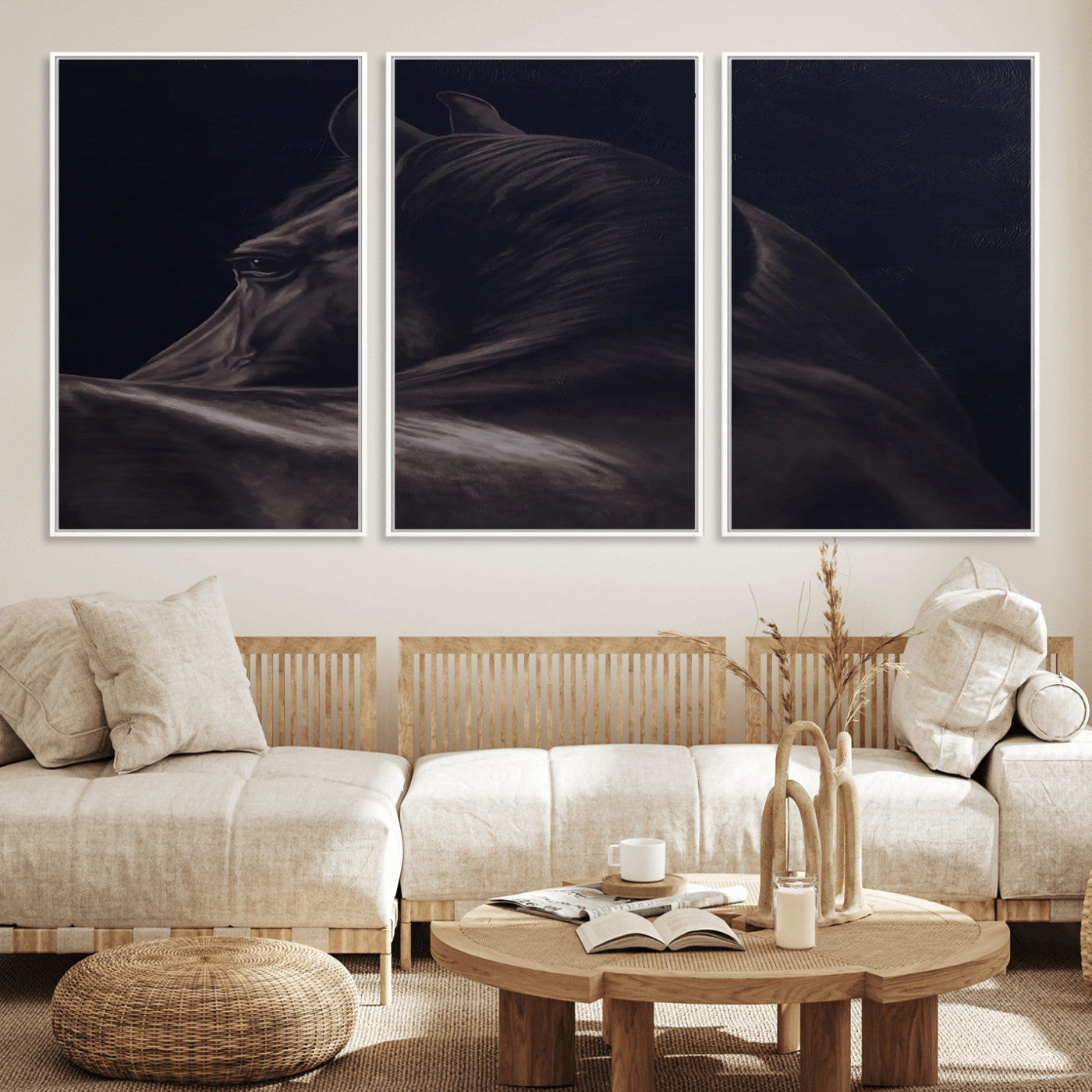 67026880-MGV-CV-36X24-Black Horse Portrait Wall Art Canvas Print, Framed Moody Horse Decor Art Picture Print, Equestrian Wall Style Perfect Masculine