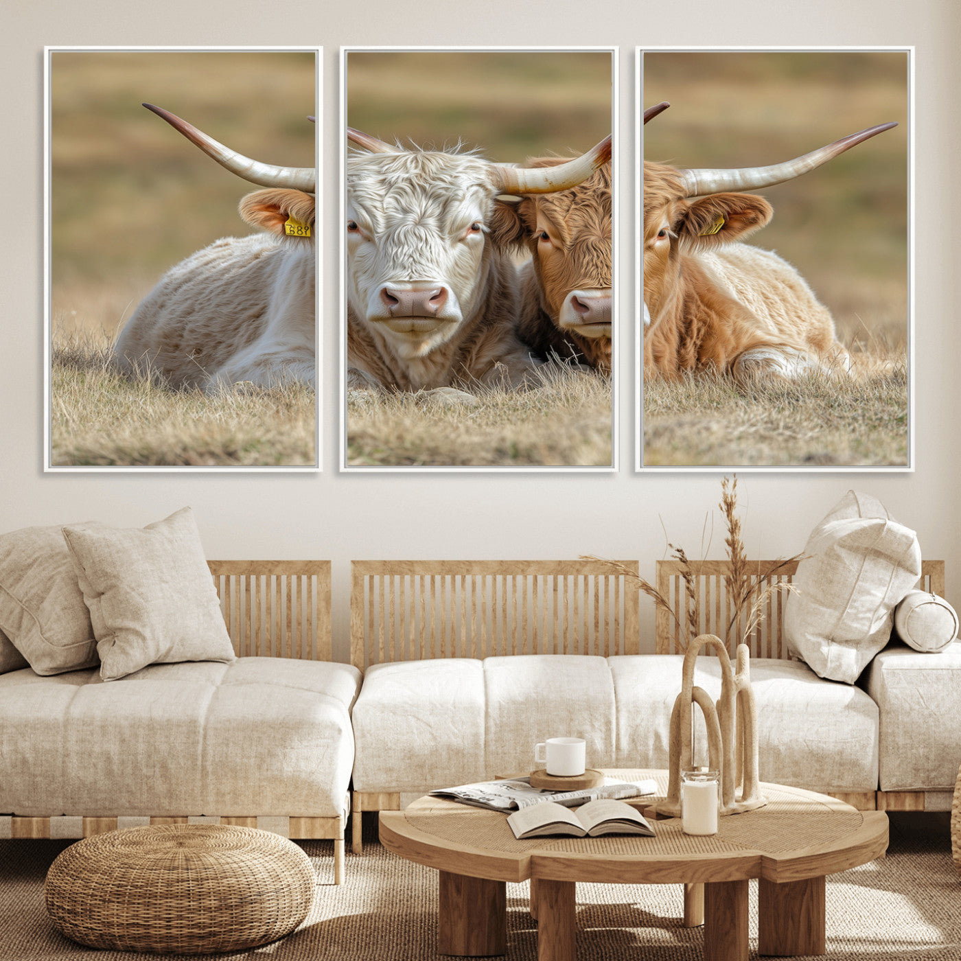 53388593-MGV-CV-36X24-Cow Photography Wall Art Canvas Print, Framed Rustic Animal Decor Art Picture Print, Texas Cow Pair Perfect Western Farmhouse