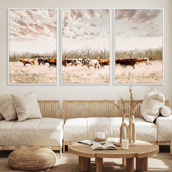 57389417-MGV-FC-60X30-3P_White-Cow Herd Photography Wall Art Canvas Print, Framed Rustic Farmhouse Decor Art Picture Print, Western Ranch Style Perfect Rustic
