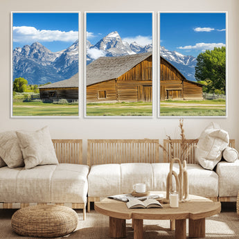 75948467-MGV-CV-36X24-Mountain Barn Scene Wall Art Canvas Print, Framed Rustic Farmhouse Style Art Picture Print, Country Cabin Decor Perfect Rustic