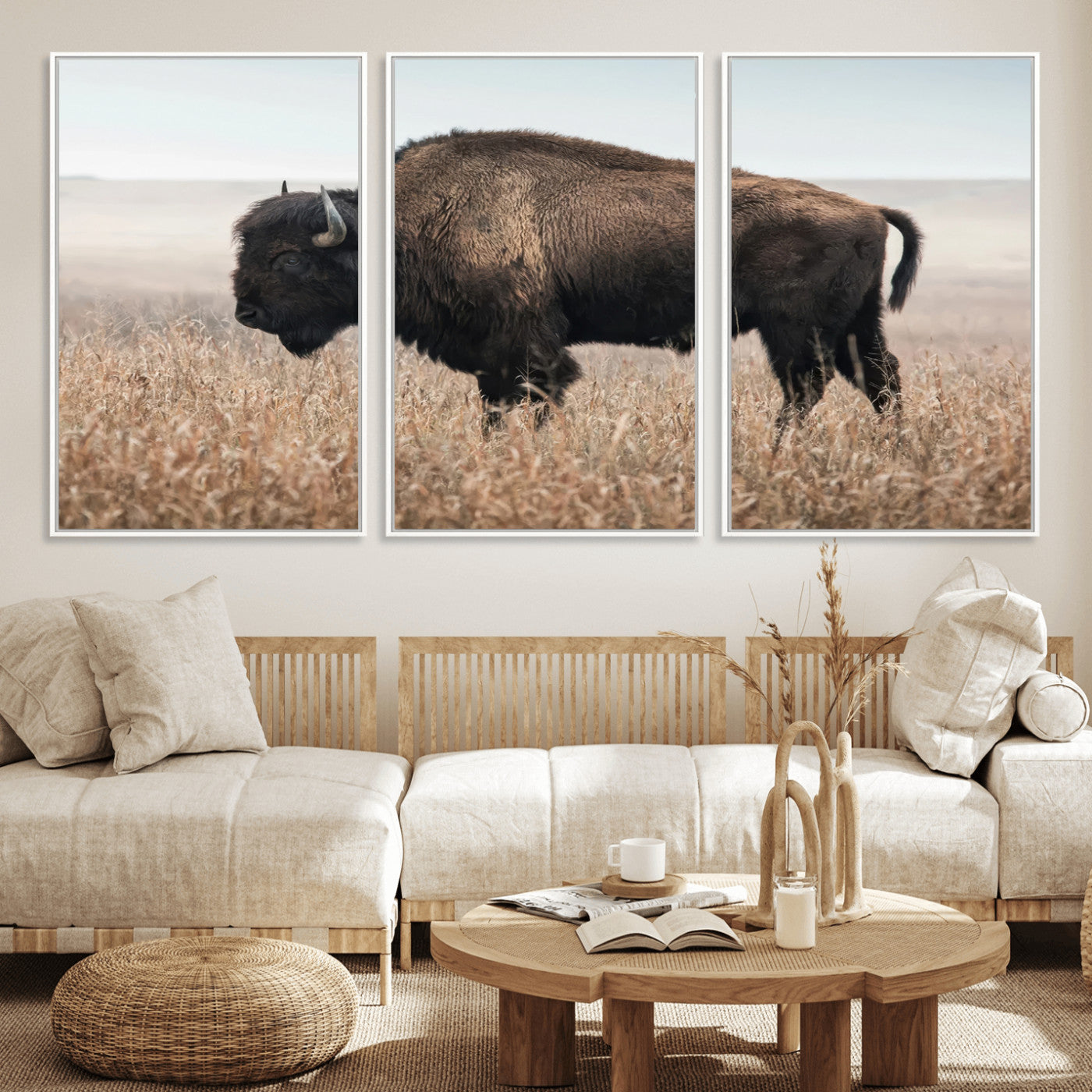 34451925-MGV-CV-36X24-Rustic Bison Decor Wall Art Canvas Print, Framed Buffalo Home Accent Art Picture Print, Prairie Wildlife Scene Perfect Western