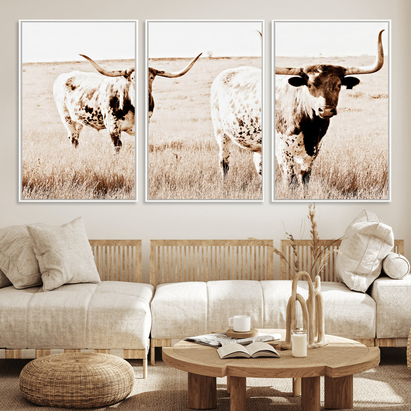 39672786-MGV-CV-36X24-Rustic Cow Scene Wall Art Canvas Print, Framed Farmhouse Style Cattle Art Picture Print, Prairie Animal Duo Perfect Rustic Western