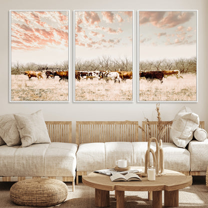 43704663-MGV-CV-36X24-Country Cow Herd Wall Art Canvas Print, Framed Farmhouse Cattle Scene Art Picture Print, Rustic Ranch Decor Perfect Rustic