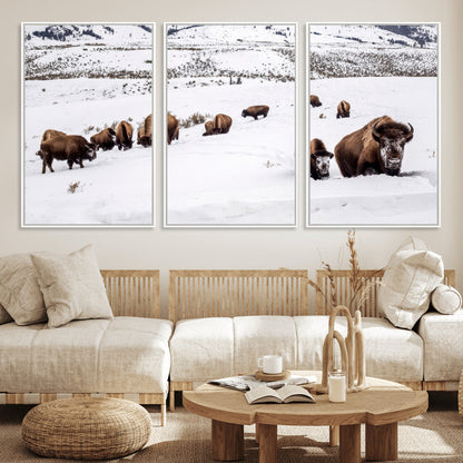 13891210-MGV-CV-36X24-Bison Herd Scene Wall Art Canvas Print, Framed Western Wildlife Decor Art Picture Print, Snowy Mountain Valley Perfect Rustic