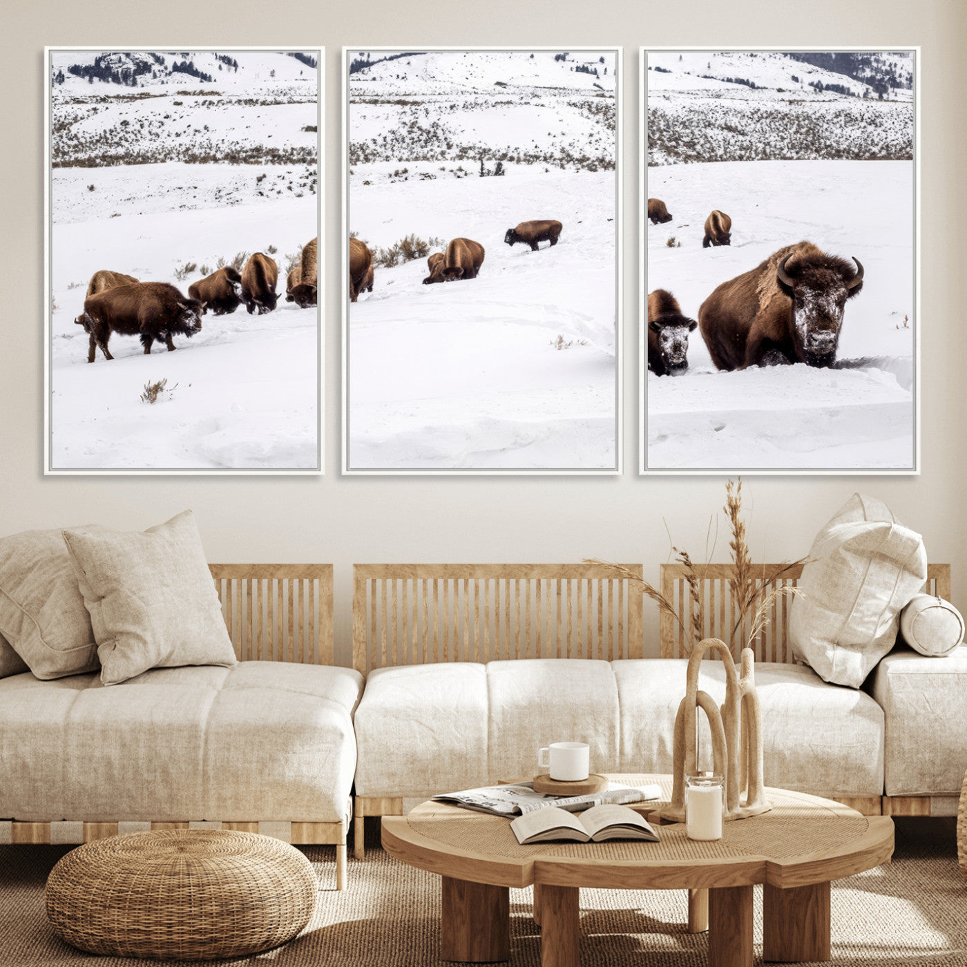 13891210-MGV-FC-60X30-3P_White-Bison Herd Scene Wall Art Canvas Print, Framed Western Wildlife Decor Art Picture Print, Snowy Mountain Valley Perfect Rustic