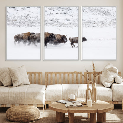 56216945-MGV-CV-36X24-Bison Herd Decor Wall Art Canvas Print, Framed Snowy Bison Scene Art Picture Print, Winter Wildlife Theme Perfect Rustic Western
