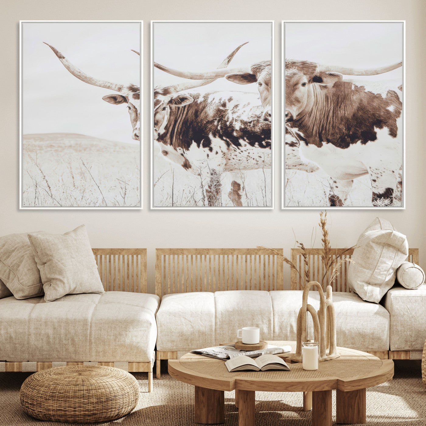 48161868-MGV-FC-60X30-3P_White-Longhorn Cow Decor Wall Art Canvas Print, Framed Rustic Cattle Art Picture Print, Sepia Western Vibe Perfect Neutral Rustic