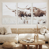48161868-MGV-FC-60X30-3P_White-Longhorn Cow Decor Wall Art Canvas Print, Framed Rustic Cattle Art Picture Print, Sepia Western Vibe Perfect Neutral Rustic