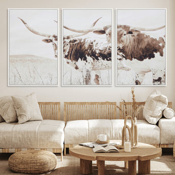 48161868-MGV-FC-60X30-3P_White-Longhorn Cow Decor Wall Art Canvas Print, Framed Rustic Cattle Art Picture Print, Sepia Western Vibe Perfect Neutral Rustic