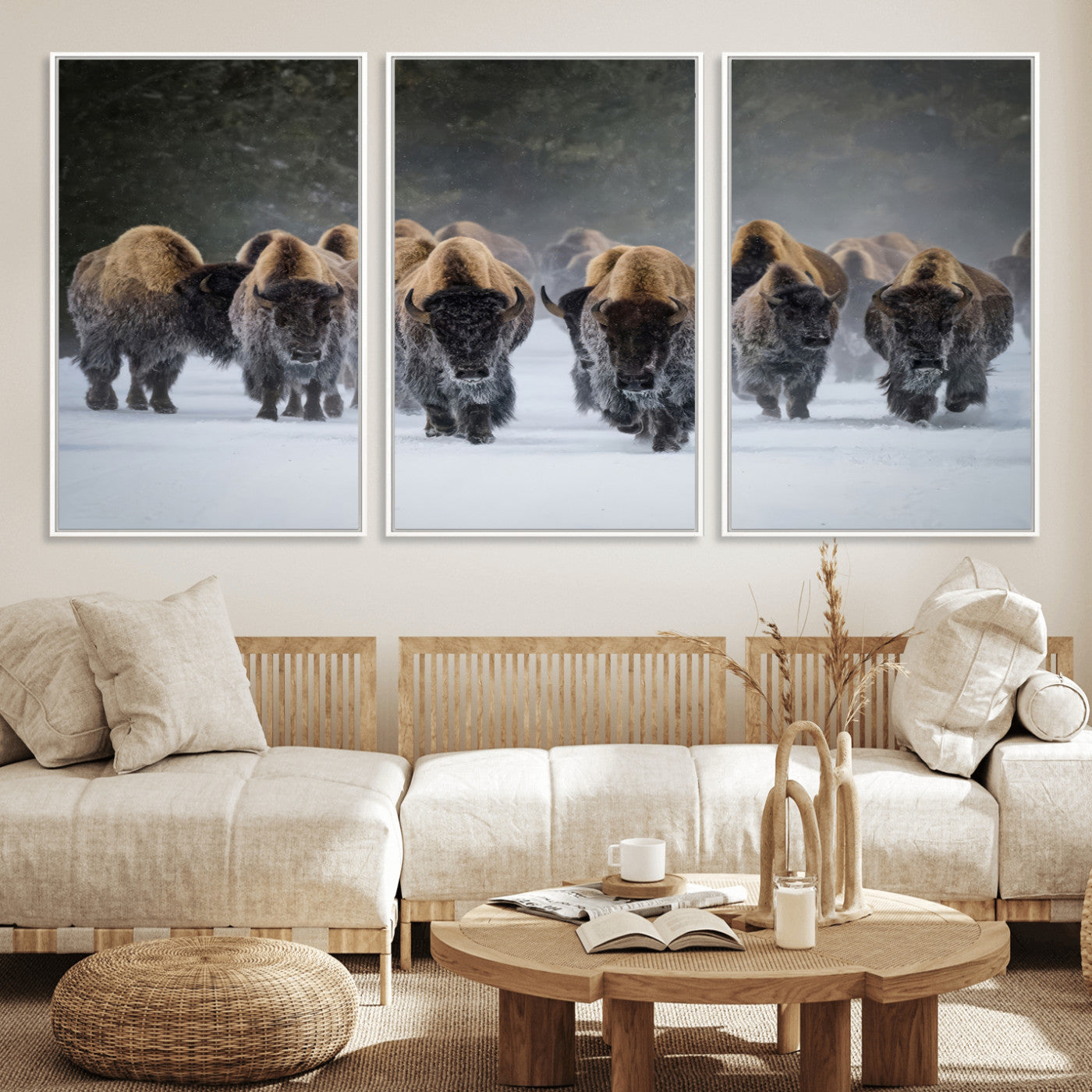 41669135-MGV-CV-36X24-Bison Herd Scene Wall Art Canvas Print, Framed Rustic Wildlife Decor Art Picture Print, Snowy Bison Landscape Perfect Rustic