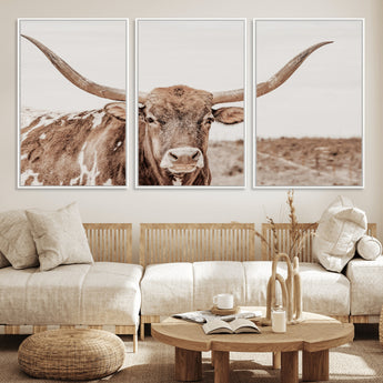 77810049-MGV-CV-36X24-Longhorn Bull Photo Wall Art Canvas Print, Framed Rustic Cow Decor Art Picture Print, Neutral Farmhouse Style Perfect Rustic