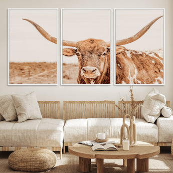 74406977-MGV-CV-36X24-Longhorn Bull Decor Wall Art Canvas Print, Framed Western Cow Theme Art Picture Print, Rustic Farmhouse Wall Perfect Neutral