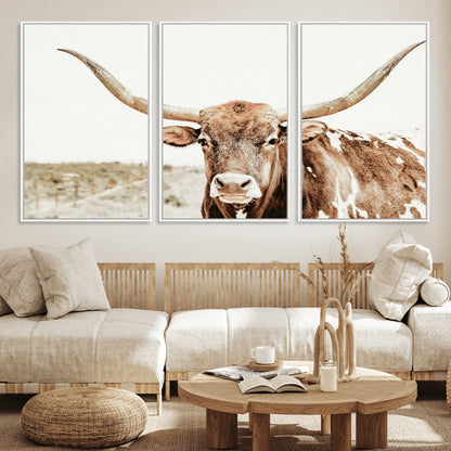 98924580-MGV-CV-36X24-Texas Longhorn Bull Wall Art Canvas Print, Framed Rustic Farmhouse Decor Art Picture Print, Western Animal Theme Perfect Rustic