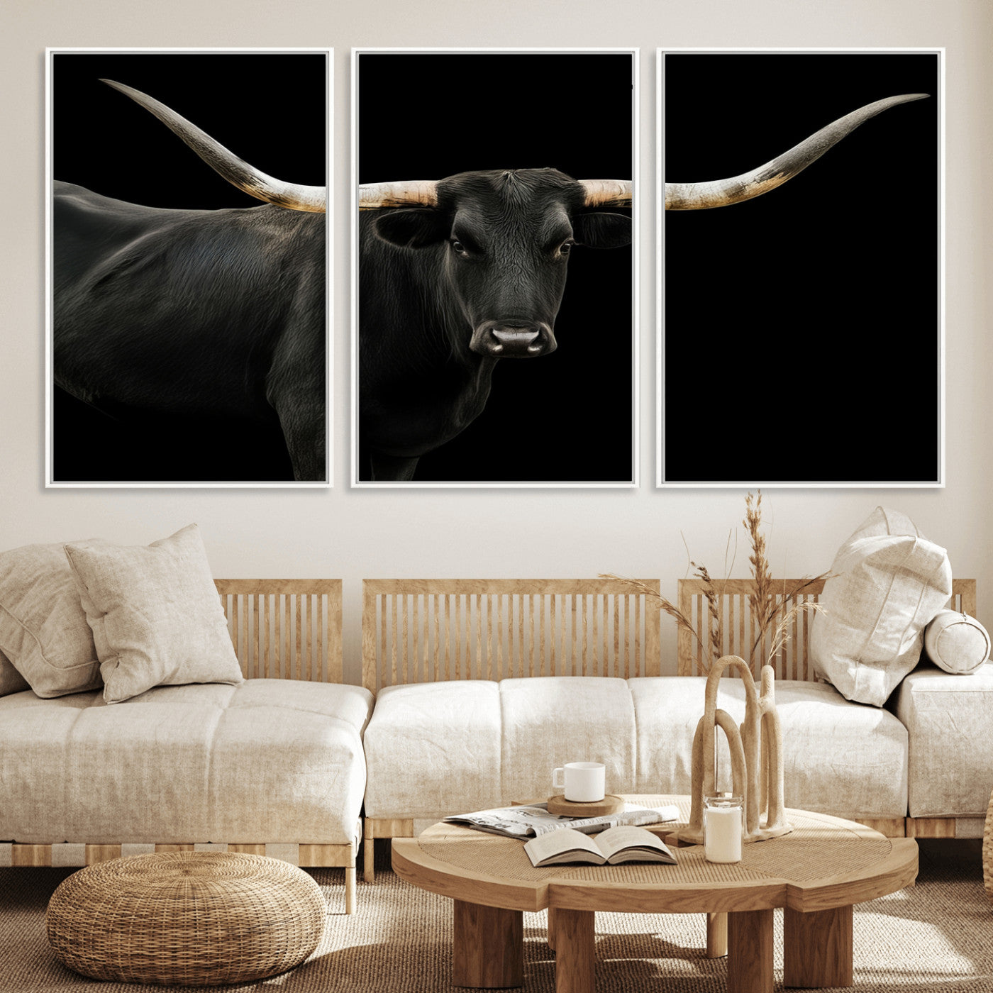 23572907-MGV-CV-36X24-Texas Longhorn Wall Art Canvas Print, Framed Rustic Western Decor Art Picture Print, Farmhouse Animal Perfect Modern Western