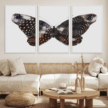 99831147-MGV-FC-60X30-3P_White-Spotted Butterfly Wall Art Canvas Print, Framed Neutral Insect Theme Art Picture Print, Earthy Wing Pattern Perfect Modern Rustic