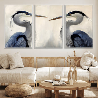 18230556-MGV-FC-60X30-3P_White-Blue Heron Pair Wall Art Canvas Print, Framed Coastal Bird Theme Art Picture Print, Tranquil Wildlife Scene Perfect Coastal