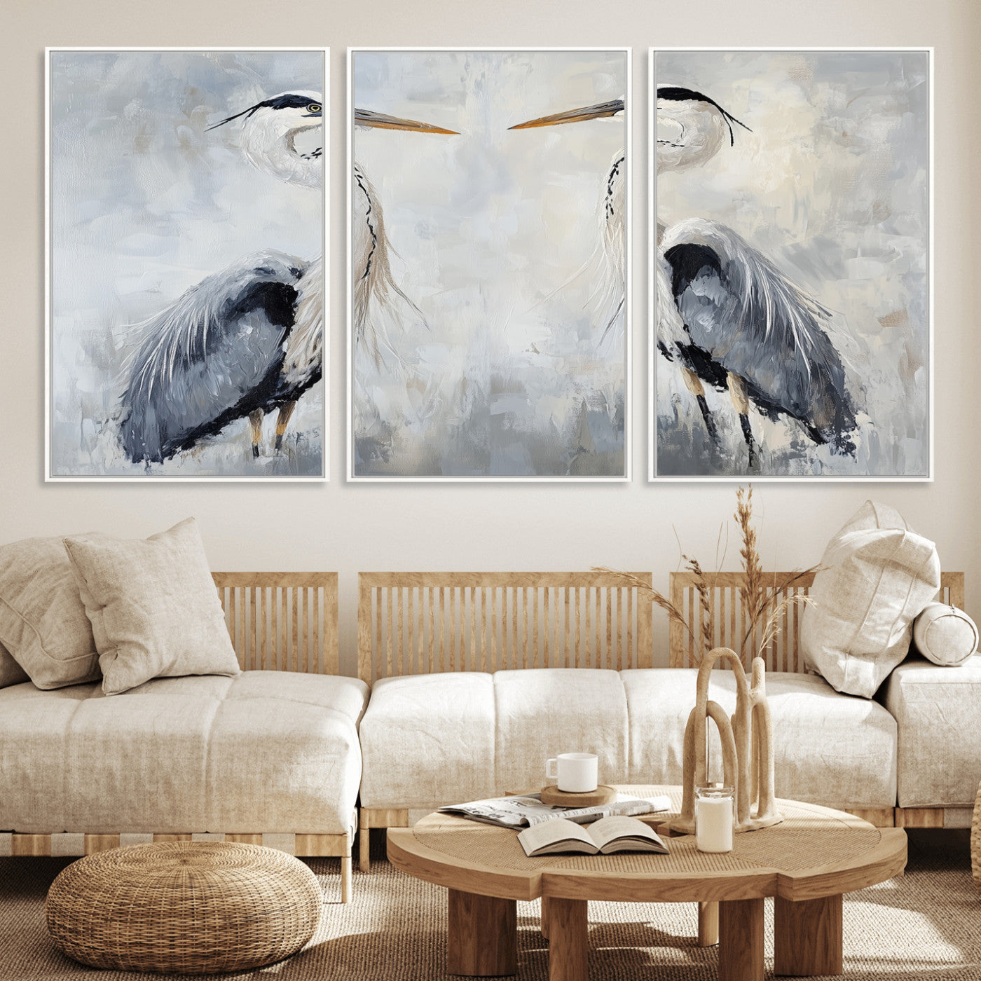 90806932-MGV-FC-60X30-3P_White-Heron Wall Art Wall Art Canvas Print, Framed Bird Canvas Decor Art Picture Print, Nature Inspired Perfect Coastal Minimalist Decor