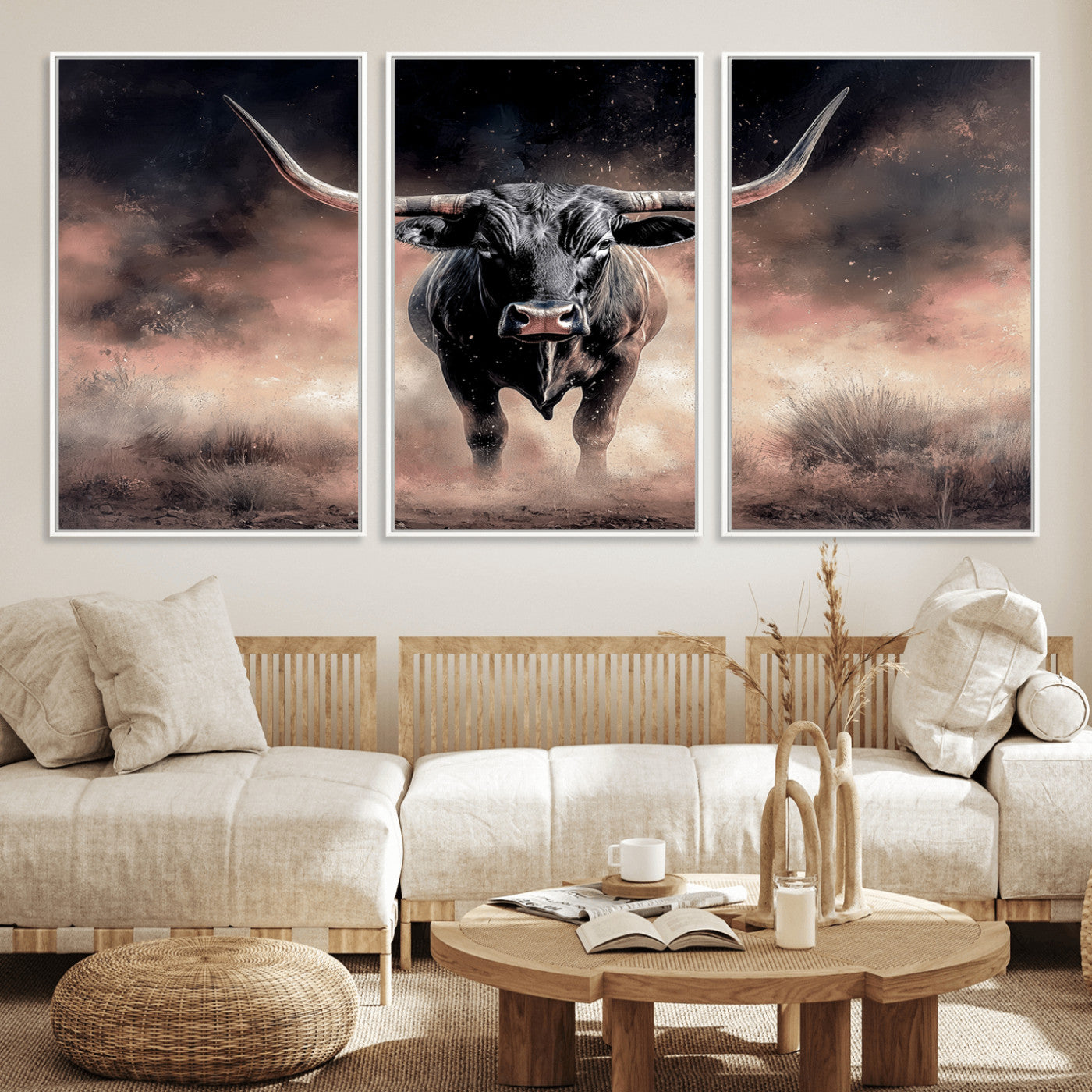 71457818-MGV-FC-60X30-3P_White-Longhorn Wall Art Wall Art Canvas Print, Framed Western Bull Canvas Art Picture Print, Rustic Cow Decor Perfect Western Dramatic