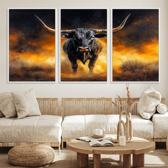 58293979-MGV-FC-60X30-3P_White-Longhorn Canvas Wall Art Canvas Print, Framed Bold Bull Wall Art Art Picture Print, Western Animal Decor Perfect Western Dramatic
