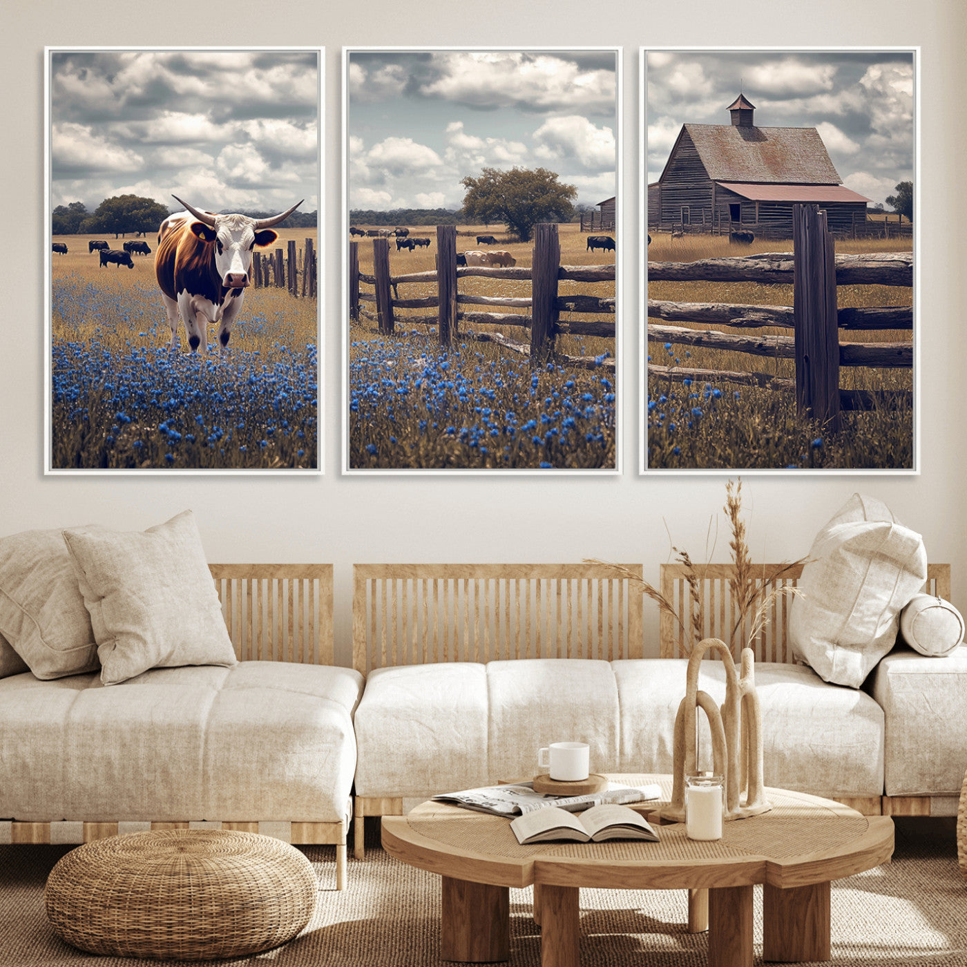 22296025-MGV-FC-60X30-3P_White-Texas Longhorn Canvas Wall Art Canvas Print, Framed Rustic Barn Wall Art Art Picture Print, Farmhouse Cow Decor Perfect Rustic