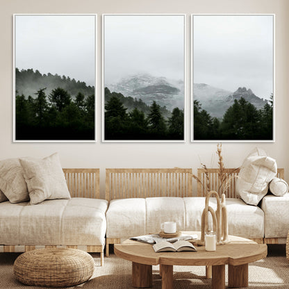 55968349-MGV-FC-60X30-3P_White-Misty Mountains Wall Art Canvas Print, Framed Foggy Forest Art Picture Print, Snowy Peaks Perfect Moody Wilderness Decor Artwork