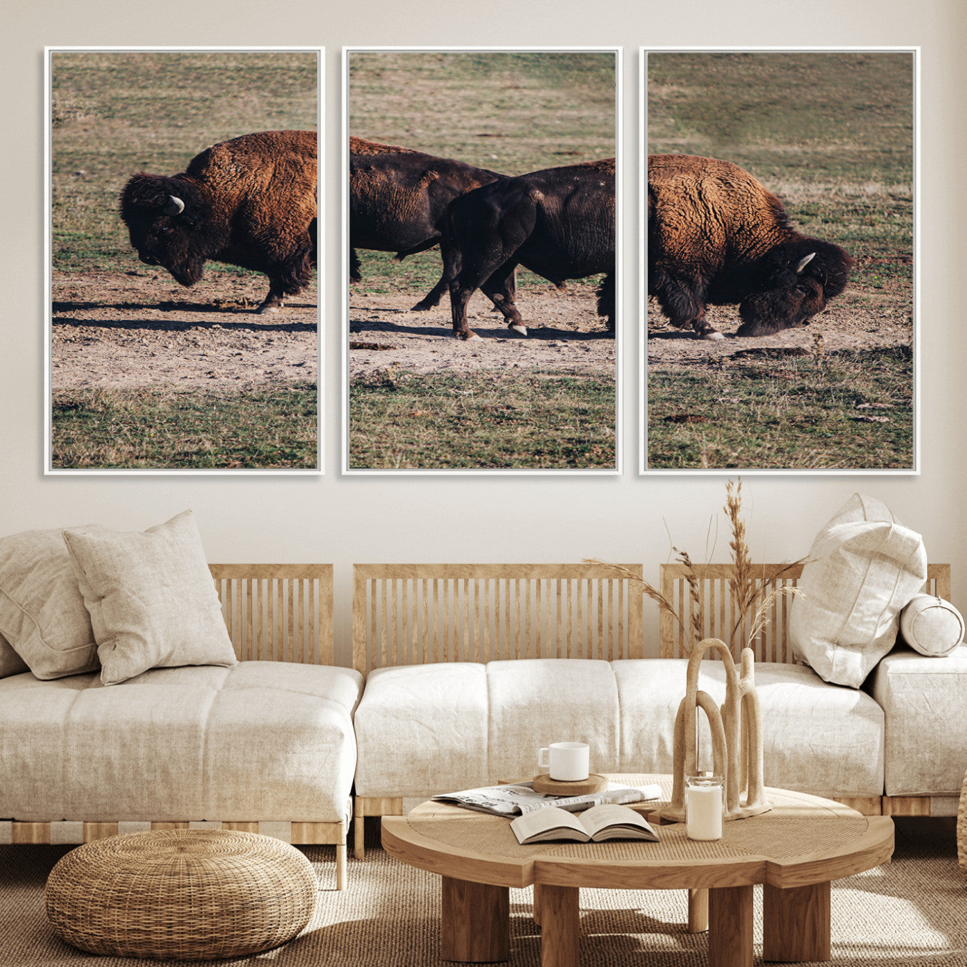 58141885-MGV-FC-60X30-3P_White-Bison Photography Wall Art Canvas Print, Framed Western Wildlife Art Picture Print, Modern Ranch Perfect Western Rustic Decor