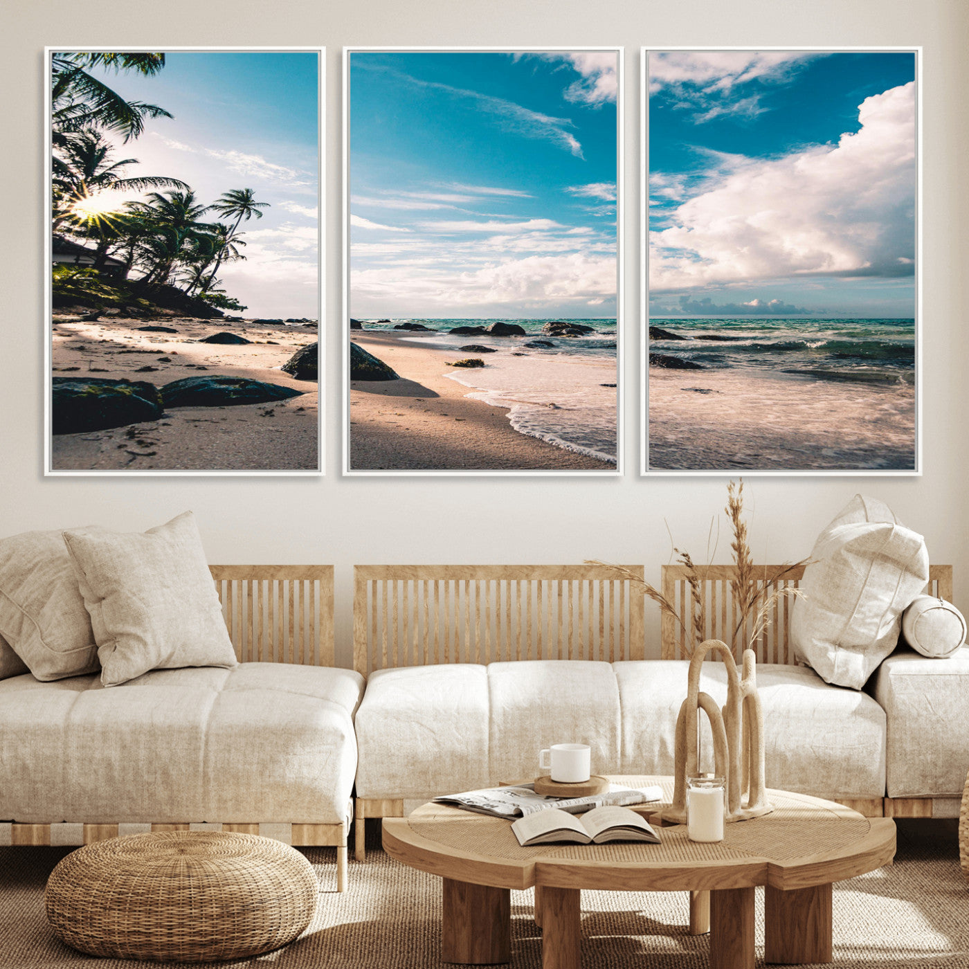 95301406-MGV-FC-60X30-3P_White-Tropical Beach Wall Art Canvas Print, Framed Ocean Waves Art Picture Print, Relazxing Seascape Perfect Tropical Coastal Decor