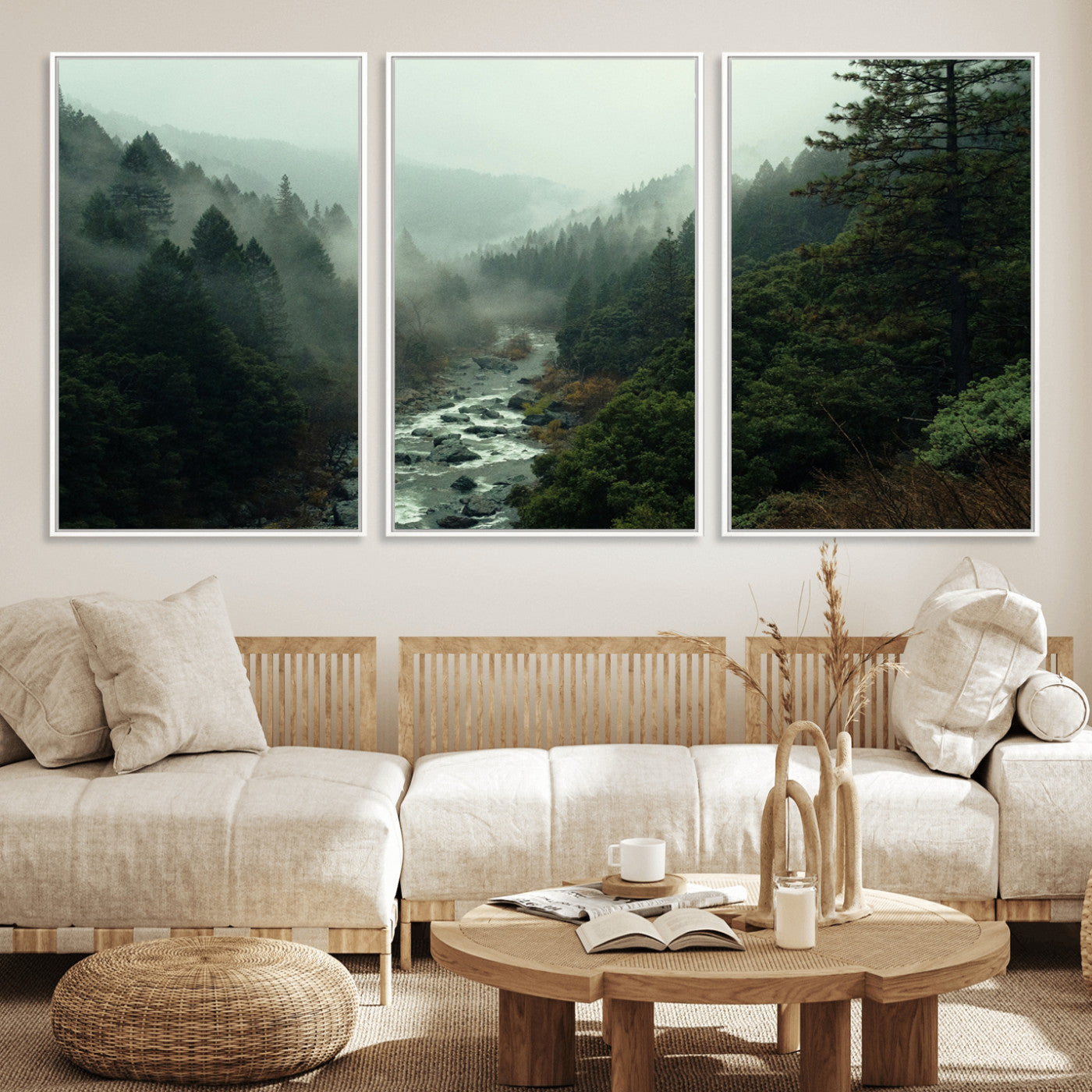 48497565-MGV-FC-60X30-3P_White-Misty Forest Wall Art Canvas Print, Framed Foggy River Art Picture Print, Moody Landscape Perfect Moody Wilderness Decor Artwork