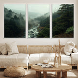 48497565-MGV-FC-60X30-3P_White-Misty Forest Wall Art Canvas Print, Framed Foggy River Art Picture Print, Moody Landscape Perfect Moody Wilderness Decor Artwork