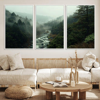 48497565-MGV-FC-60X30-3P_White-Misty Forest Wall Art Canvas Print, Framed Foggy River Art Picture Print, Moody Landscape Perfect Moody Wilderness Decor Artwork