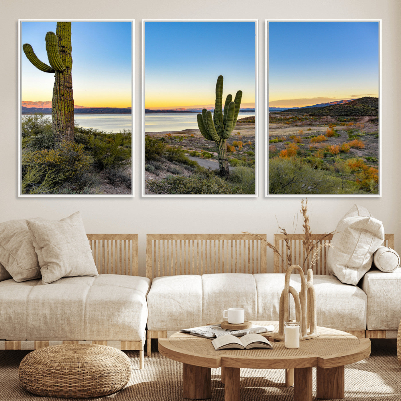 52844711-MGV-FC-60X30-3P_White-Saguaro Cactus Wall Art Canvas Print, Framed Desert Sunset Art Picture Print, Southwestern Scene Perfect Southwestern Rustic Decor
