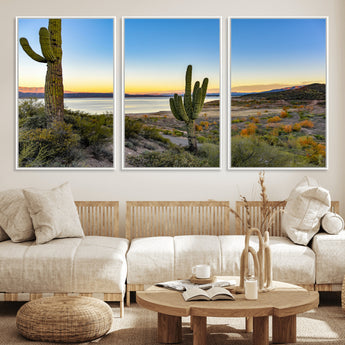 52844711-MGV-FC-60X30-3P_White-Saguaro Cactus Wall Art Canvas Print, Framed Desert Sunset Art Picture Print, Southwestern Scene Perfect Southwestern Rustic Decor